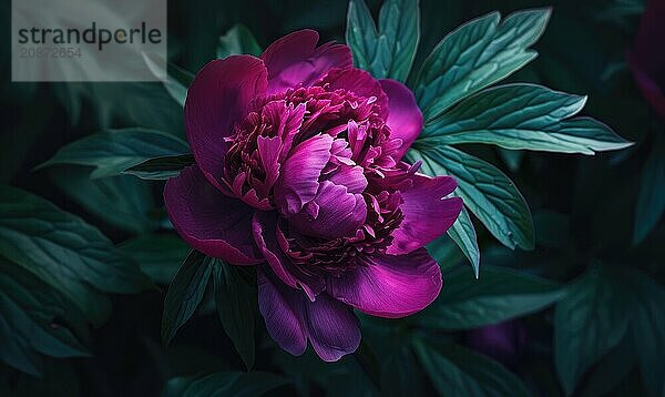 Close-up of a purple peony against a backdrop of green leaves AI generated