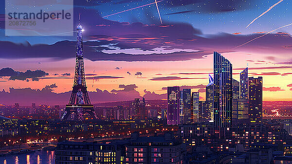 Nighttime skyline of Paris featuring the Eiffel Tower with city lights aglow  illustration  AI generated