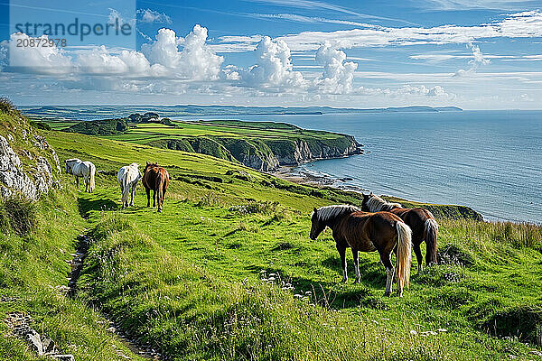 A herd of Irish wild horses graze in a sunlit coastal landscape with sweeping views  AI generated  AI generated