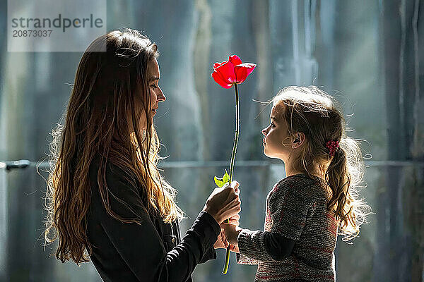 A woman and a girl  presumably mother and daughter  holding a red flower  conveying love and solidarity  Mothers