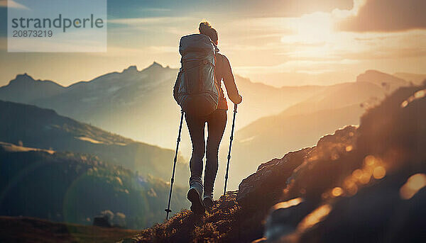 Rear view woman hiker with backpack climbing mountains and reaching the top. Conceptual scene with a female hiking and overcoming obstacles as ascends the rocky peaks. Leader success and achievement. Generative Ai  AI generated