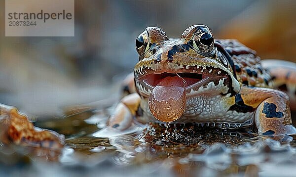 Macro photograph of Rana arvalis tongue catching prey AI generated