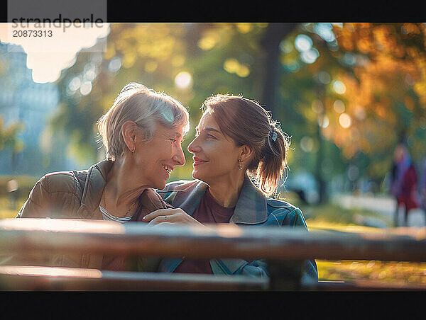 Two mature women sharing a moment of connection on a park bench during autumns