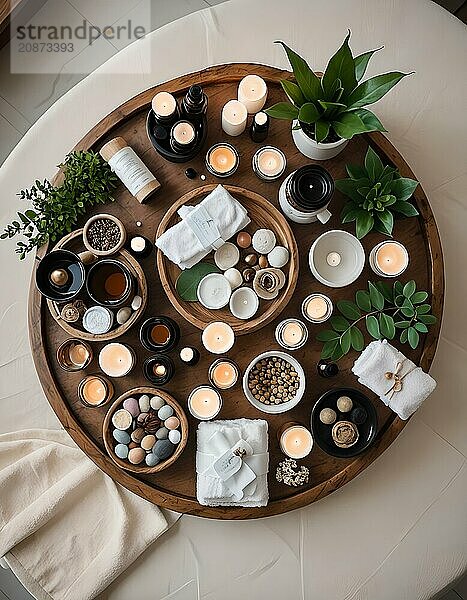 Overhead view of a tranquil wellness spa arrangement featuring candles  towels  and natural elements  AI generated