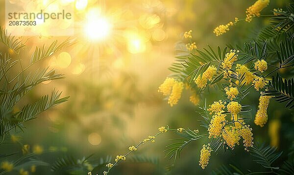 Closeup view of yellow mimosa flower branch with bokeh background AI generated