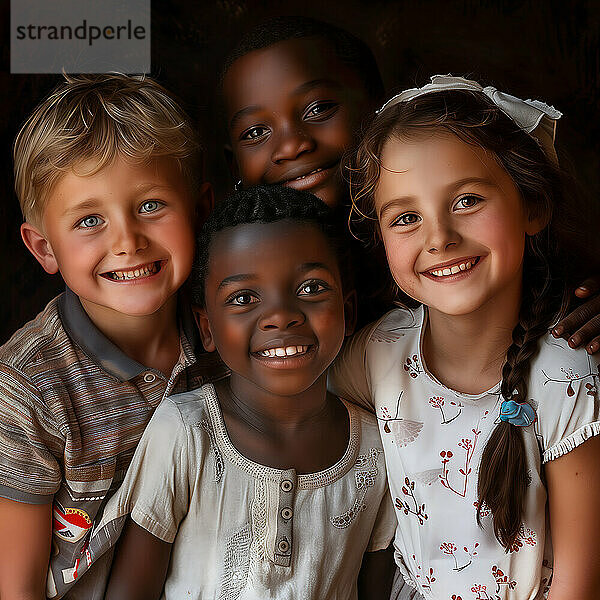 Four children smiling in an intimate embrace and demonstrating their friendship  group picture with laughing children of different nationalities and cultures  KI generated  AI generated