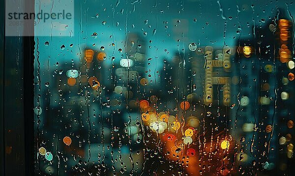 A rain-soaked windowpane with blurred city lights in the background AI generated