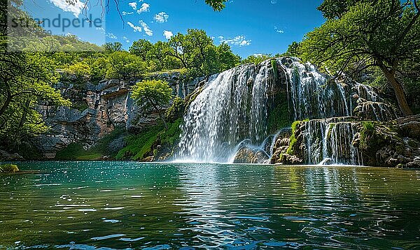 A picturesque waterfall cascading into a spring-fed lake AI generated