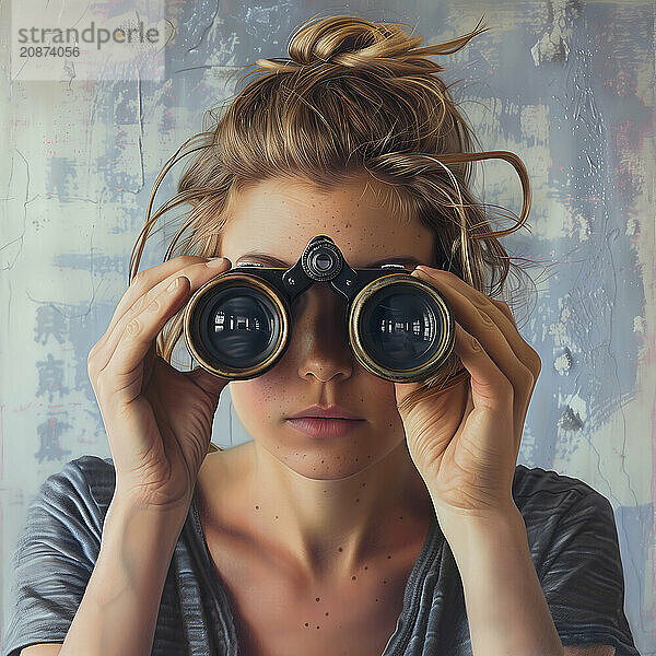 Blonde woman looking at something with binoculars on a neutral background  AI generated