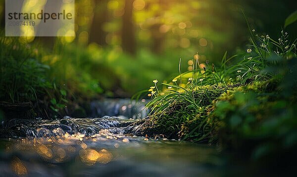 Closeup view of green grass and lives near the stream in spring forest AI generated