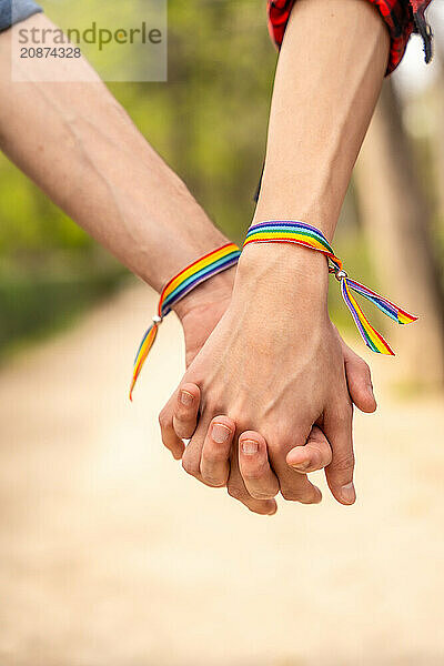 Vertical close-up photo of two unrecognizable gay people with lgbt bracelet holding hands in a park