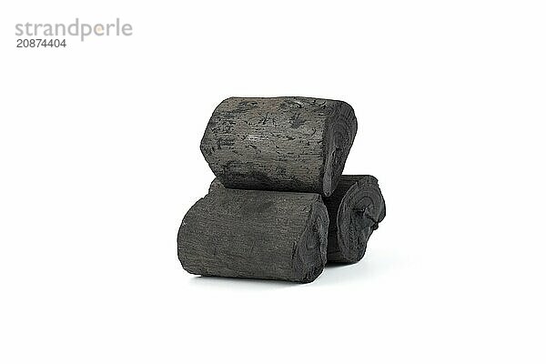 Natural wood charcoal isolated on white background. Pile of coal isolated on white background