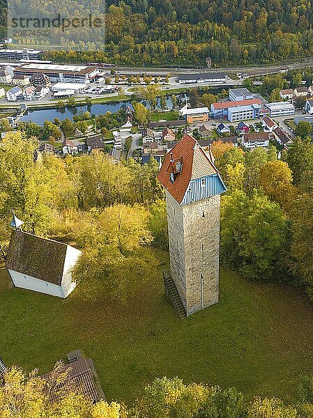 Aerial view of an old tower in autumnal landscape with village in the background  Horb  Black Forest  Germany  Europe