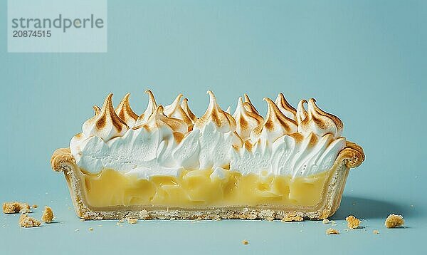 Lemon meringue pie on a light blue background AI generated