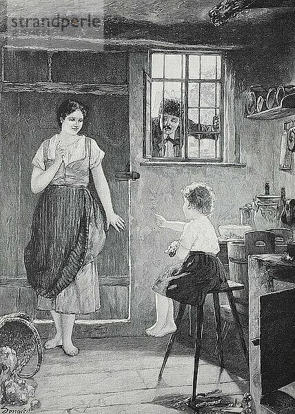 Betrayed  a woman hides behind the door from a man looking through the window  the child betrays the woman  Historic  digitally restored reproduction from a 19th century original  Record date not stated