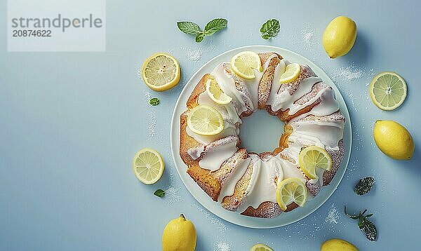 Lemon and coffee bundt cake with glaze on a light blue background AI generated