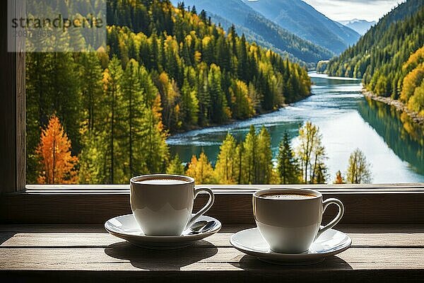 Two coffee cups on a ledge with a beautiful autumnal view of a river  forest  and mountains  AI generated