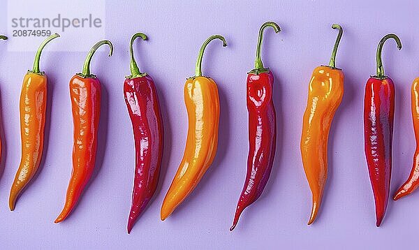 Top view of hot peppers scattered on a purple background AI generated