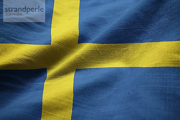 Closeup of Ruffled Sweden Flag  Sweden Flag Blowing in Wind