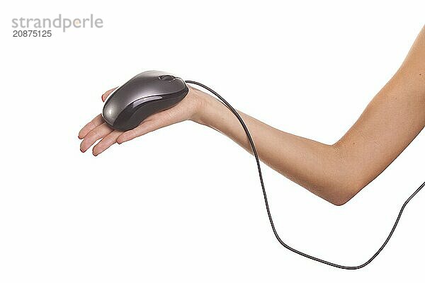 Woman's hand holding a computer mouse. Isolated on white