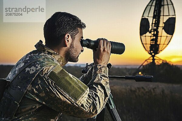 Man in military uniform using binoculars at sunset  with a radar in the background  AI generated  AI generated