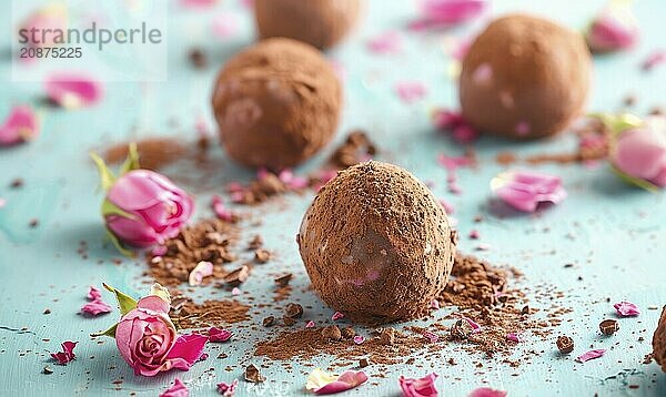 Rose-flavored truffles with cocoa coating on a light blue background AI generated