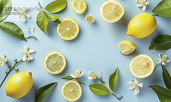 Sliced lemons with lemon leaves and blossoms on a light blue background AI generated