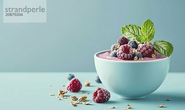 Mixed berry smoothie bowl with granola on a light blue background AI generated