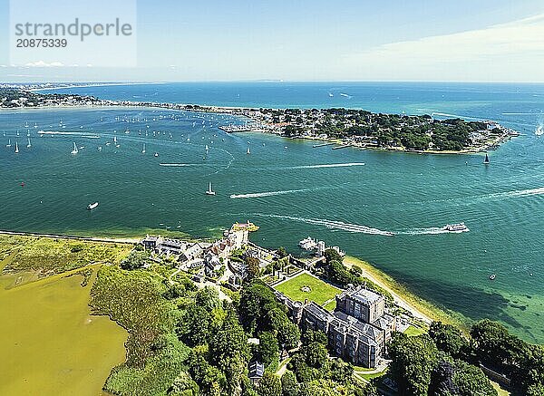 Brownsea Castle on Brownsea Island from a drone  Poole  Dorset  England  United Kingdom  Europe