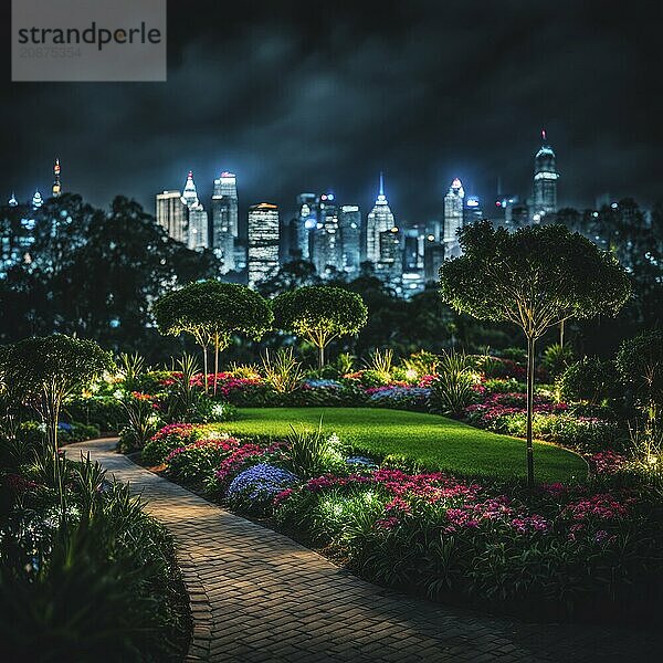 A vibrant garden with lush greenery and colorful lights set against a cityscape at night  AI generated