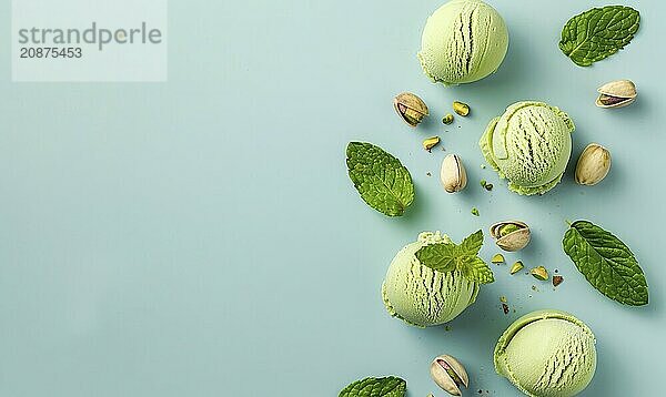 Pistachio sorbet with mint leaves on a light blue background AI generated