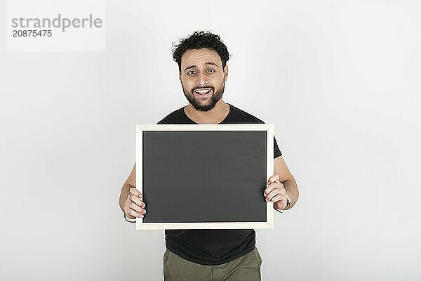 Man holding a black poster without text. Business template concept. White background