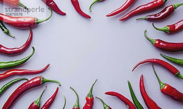 Top view of hot peppers scattered on a purple background AI generated