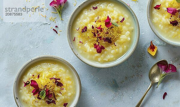 Persian saffron rice pudding on a light blue background AI generated