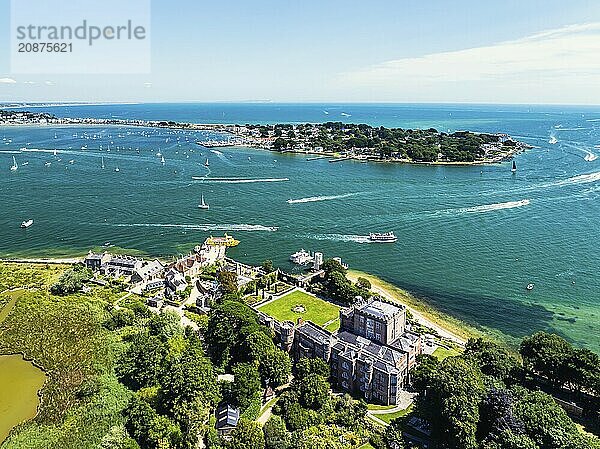 Brownsea Castle on Brownsea Island from a drone  Poole  Dorset  England  United Kingdom  Europe