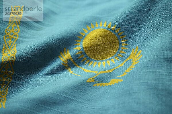 Closeup of Ruffled Kazakhstan Flag  Kazakhstan Flag Blowing in Wind