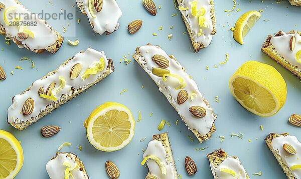 Lemon and almond biscotti with lemon glaze on a light blue background AI generated