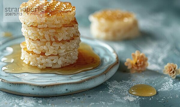 Rosewater rice cakes with honey syrup on a light blue background AI generated