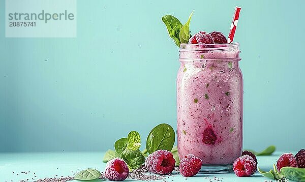 Berry and spinach smoothie in a glass jar on a light blue background AI generated