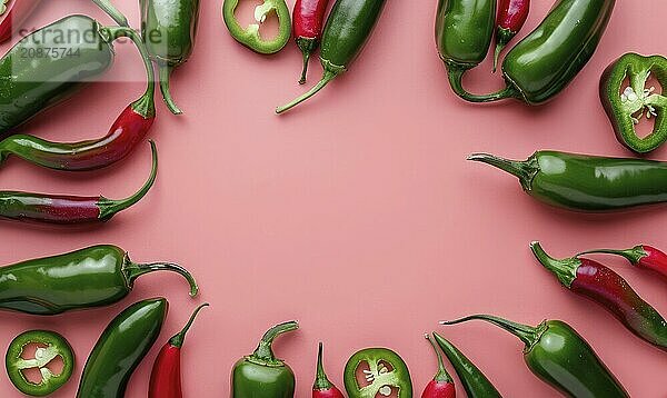 Top view of colorful peppers on a pink background AI generated