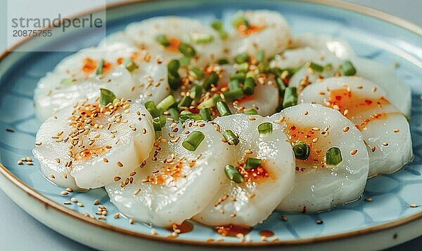 Korean steamed rice cakes (tteok) on a light blue background AI generated