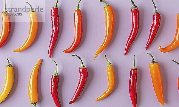 Top view of hot peppers scattered on a purple background AI generated