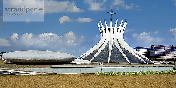 Roman Cathedral of Brasilia or Metropolitan Cathedral of Our Lady of Aparecida and oval baptistery  designed by Oscar Niemeyer  Brasília  World Heritage Site  Brasilia  Federal district  Brazil  South America