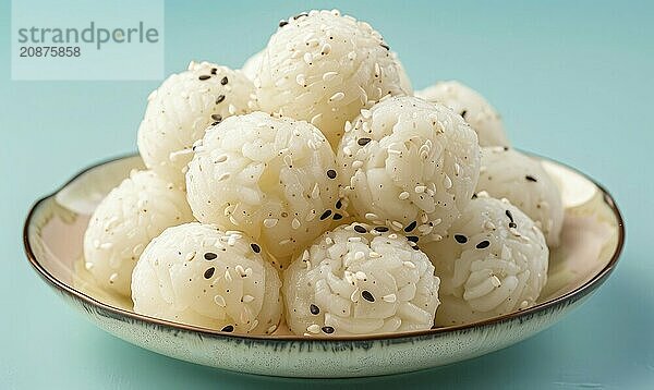 Korean steamed rice cakes (tteok) on a light blue background AI generated