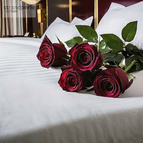 Close-up view of red roses on a hotel room bed with elegant decor and warm lighting  Burgundy Roses bouquet on bed  AI generated