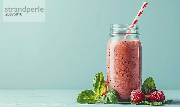 Berry and spinach smoothie in a glass jar on a light blue background AI generated