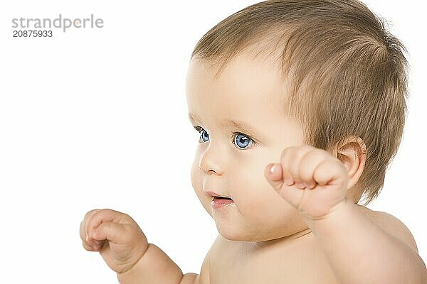 The blue-eyed baby  close-up. Isolated on white