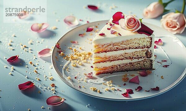 Rosewater honey cake with rose petal garnish on a light blue background AI generated