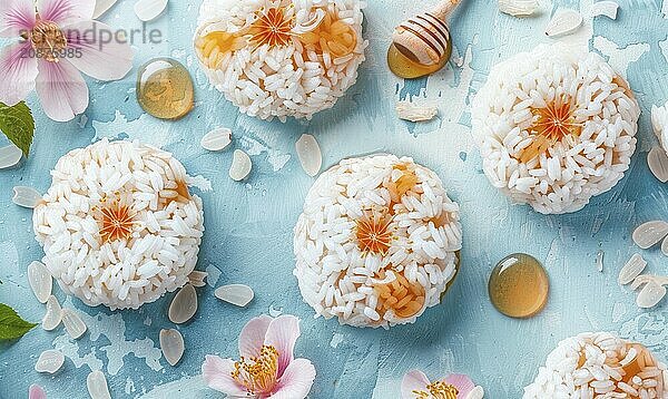 Rosewater rice cakes with honey syrup on a light blue background AI generated