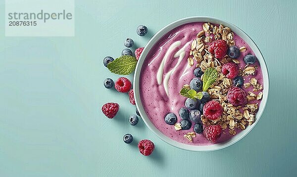 Mixed berry smoothie bowl with granola on a light blue background AI generated